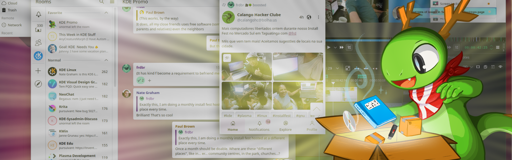 in this picture Konqi, the KDE dragon, is opening a box and icons and apps are floating out. Rays of golden light spread out from the box, lighting up a desktop showing some of the apps being released with KDE Gear ⚙️ 25.04.